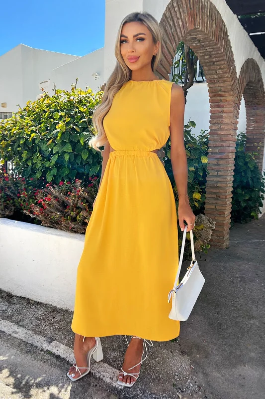 Lace - Embellished Women Dress for an Elegant and Sophisticated AppearanceYellow Cut Out Midi Dress