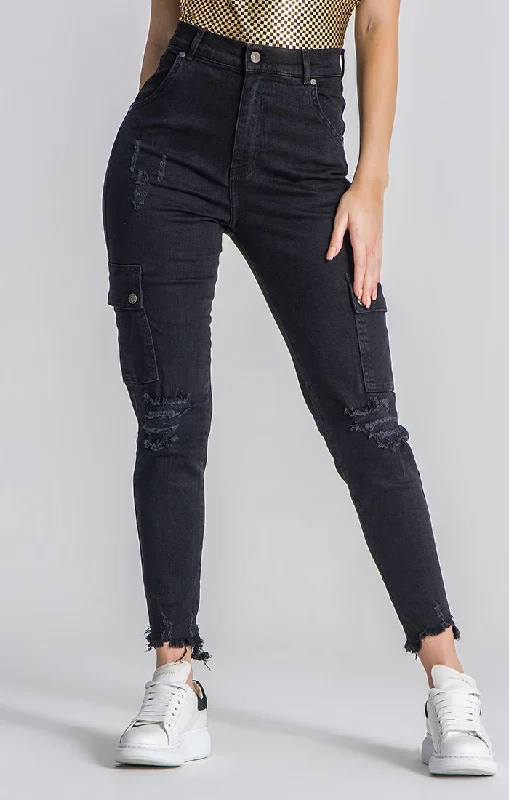 Dark - wash women jeans for a sophisticated and slimming effectBlack Core Cargo Jeans