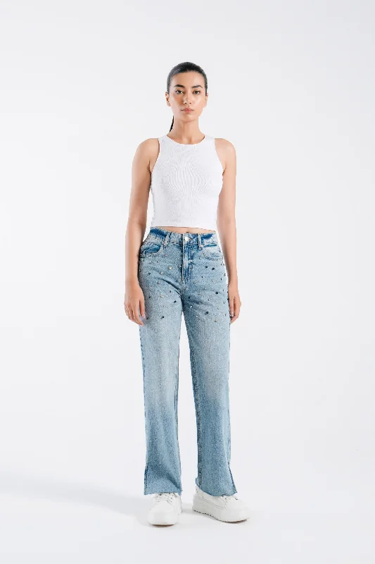 High - waisted women jeans for a flattering silhouetteStraight Leg Jeans With Rhinestones