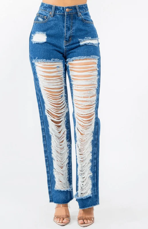 High - rise flare women jeans for a 70s - inspired lookKaren High Waist Wide Leg Distressed Jeans