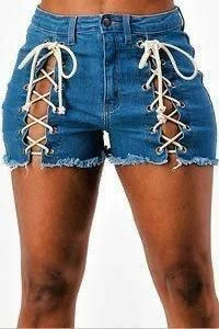 Mom jeans for a nostalgic and casual lookLala High rise short medium blue denim Front lace up Short Jean