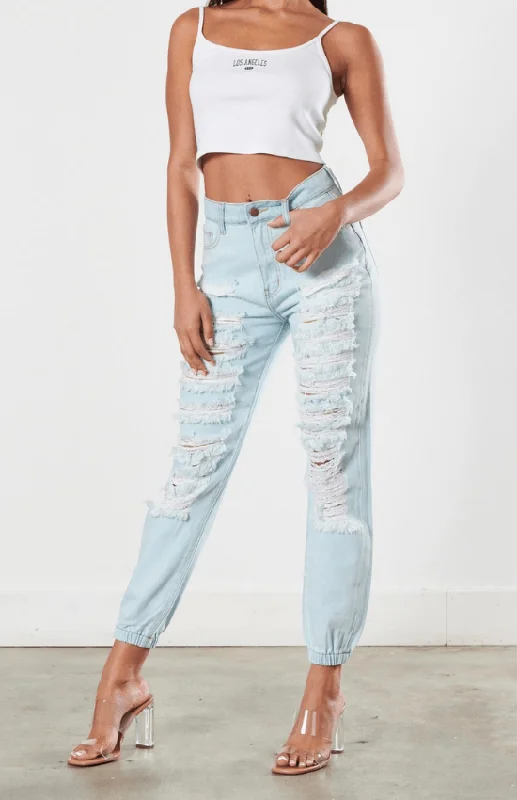 Dark - wash women jeans for a sophisticated and slimming effectLorita high waisted distressed mom with elastic waistband.