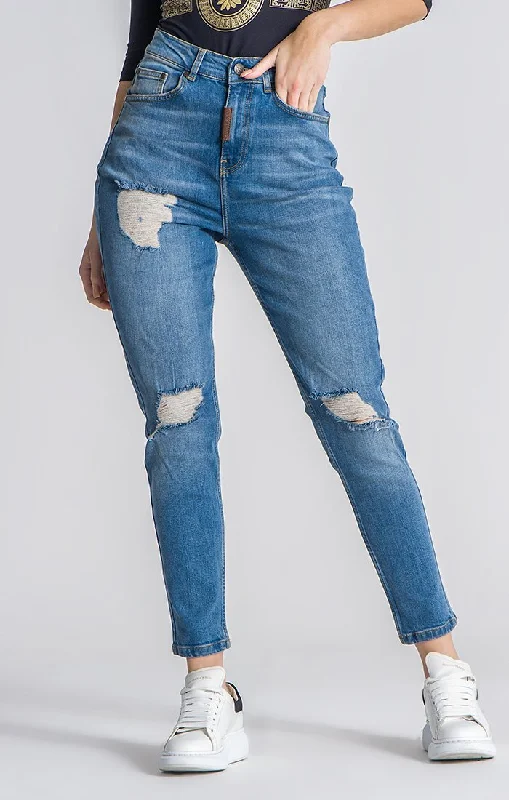 Distressed women jeans for a trendy and edgy lookMedium Blue Core Mom Fit Jeans