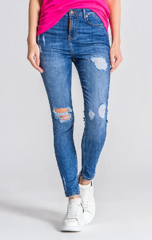 High - rise flare women jeans for a 70s - inspired lookMedium Blue Core Ripped Jeans