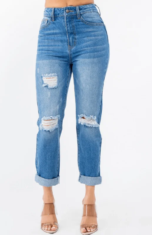 Ripped women jeans for a rebellious and fashion - forward styleNelle High Waist Distressed Mon Jeans