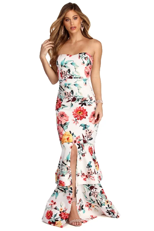 Ruffled Women Dress with Multiple Layers for a Playful and Girly StyleAlecia Sleeveless Floral Mermaid Dress