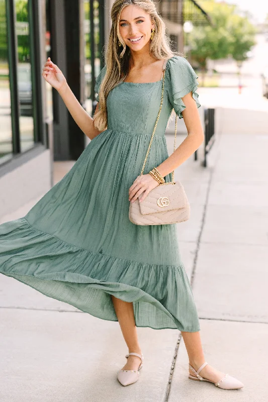 Strapless Women Dress with a Built - in Bra for Comfort and SupportAll Yours Deep Sage Green Ruffled Midi Dress