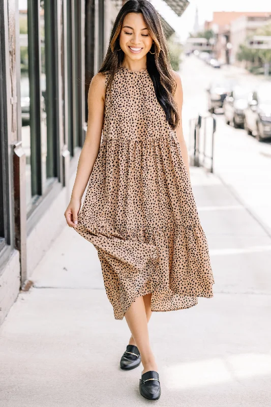 Off - the - Shoulder Women Dress for a Romantic and Feminine LookAlways Bold Taupe Brown Spotted Midi Dress