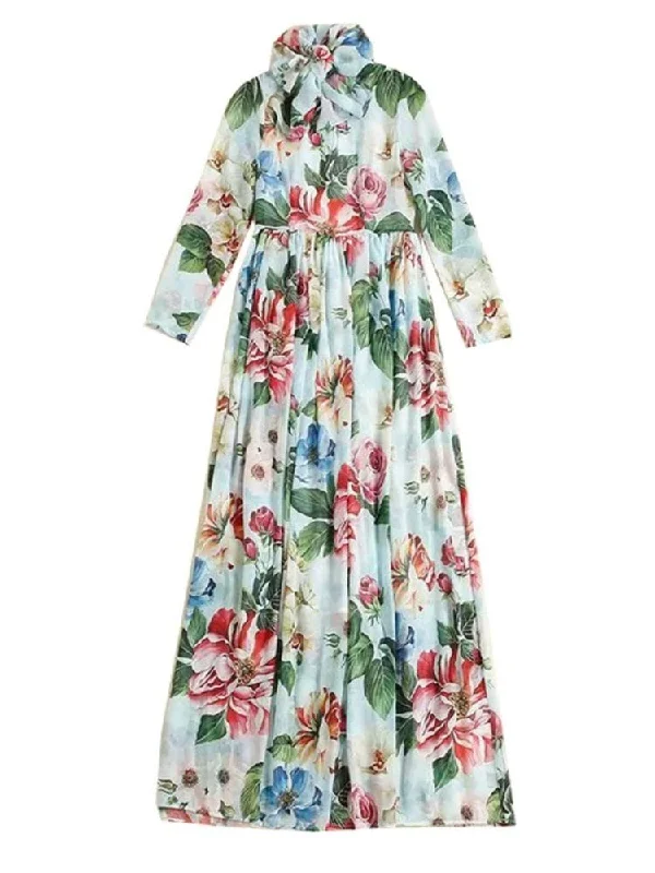 Halter Neck Women Dress to Show Off the Shoulders and NecklineAva Bow Tie Long Sleeve Floral Gown Dress - Sky Blue Floral