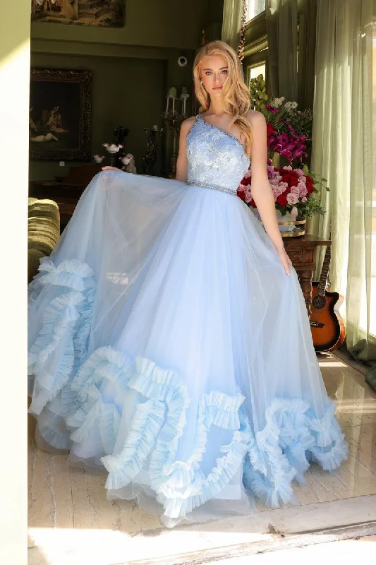 Ruffled Women Dress with Multiple Layers for a Playful and Girly StyleAva Presley One Shoulder Ruffled Tulle Prom Dress 29527