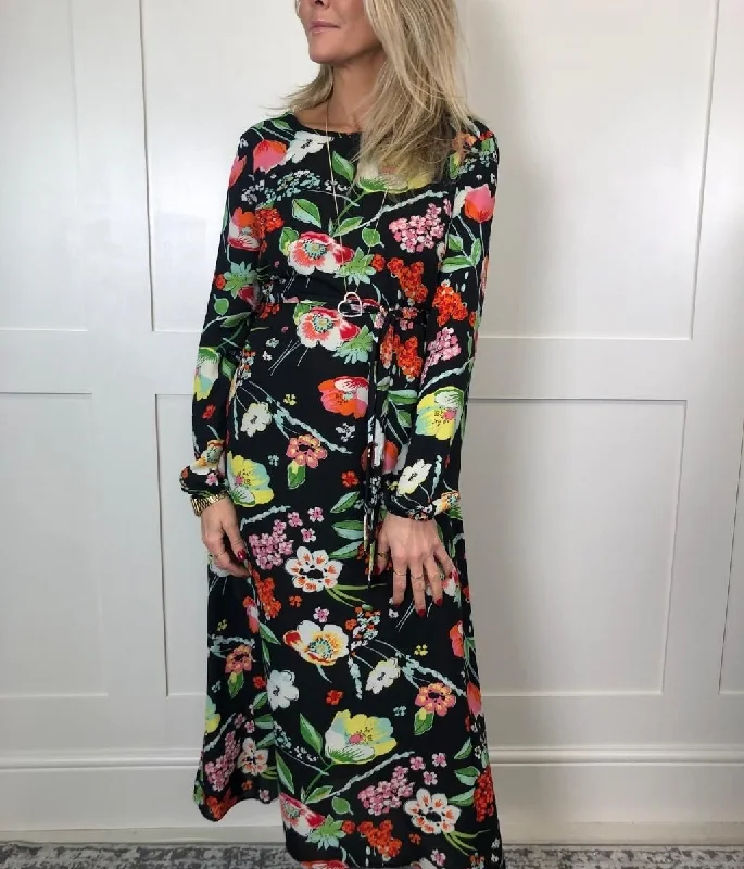 Off - the - Shoulder Women Dress for a Romantic and Feminine LookBlack Vibrant Flower Print Midi Dress