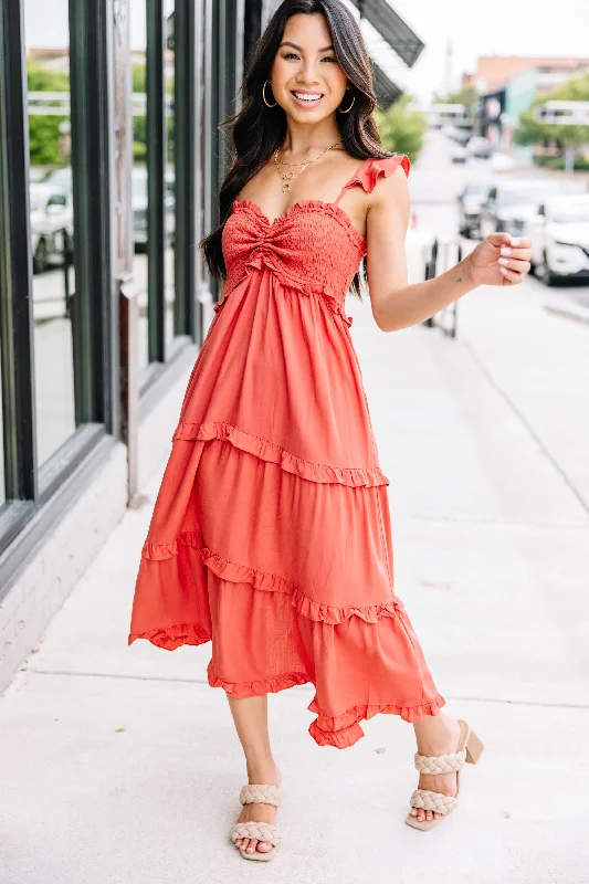 Halter Neck Women Dress to Show Off the Shoulders and NecklineBrand New Days Rust Orange Ruffled Midi Dress