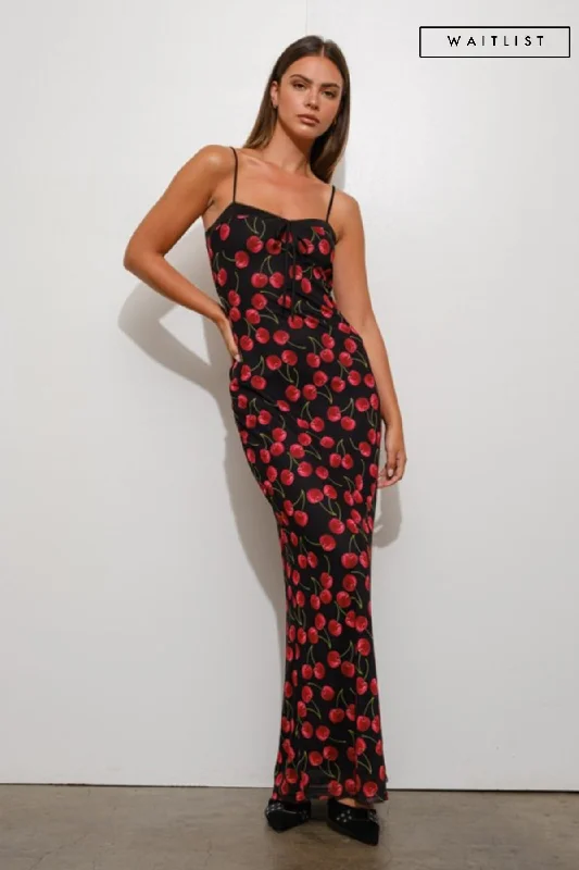 Ruffled Women Dress with Multiple Layers for a Playful and Girly StyleWaitlist 12/18 ♥ Bree Sleeveless Cherry Print Mesh Maxi Dress Black