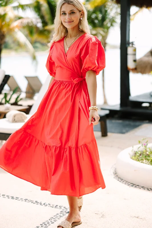 Empire Waist Women Dress to Accentuate the Bust and Conceal the WaistCan't Stop You Coral Red Poplin Midi Dress