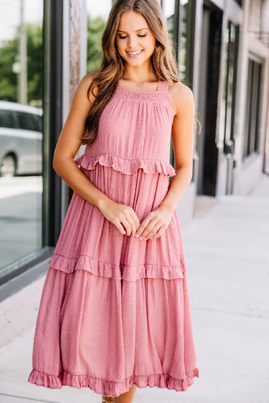 Pleated Women Dress with a Timeless and Elegant TextureCelebrate Yourself Terracotta Pink Ruffled Midi Dress