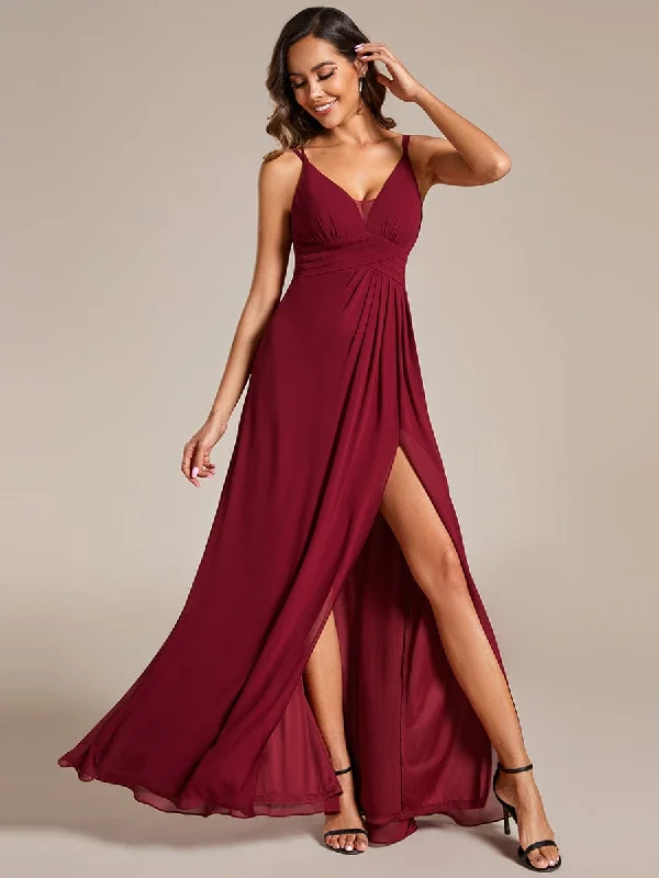 Lace - Embellished Women Dress for an Elegant and Sophisticated AppearanceDeep V-Neck High Front Slit Spaghetti Strap Back X-Cross Bridesmaid Dress