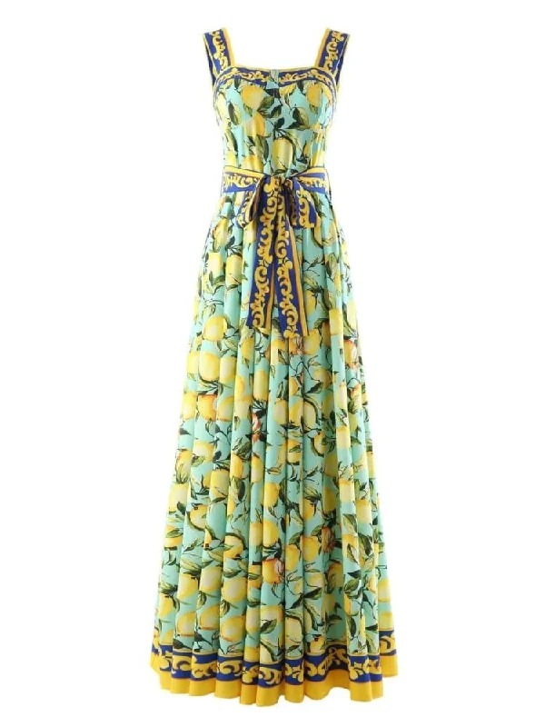 Plus Size Women Dress with a Flattering A - Line Cut for Comfort and StyleEmily Corset Lemon Print Gown Dress - Yellow Print