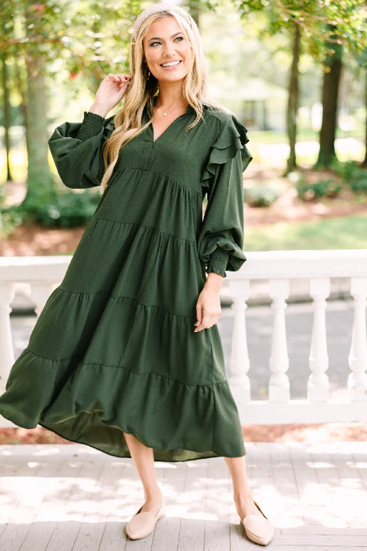 Sheath Women Dress with a Tailored Fit for a Professional LookFeeling The Fun Olive Green Ruffled Midi Dress