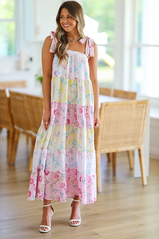 Ruffled Women Dress with Multiple Layers for a Playful and Girly StyleFloral Color Block Maxi - Pink Multi