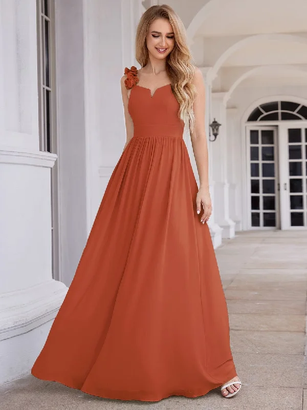 Backless Women Dress for a Sexy and Alluring Look at Evening EventsFloral Strap V-Neck Chiffon Bridesmaid Dress with A-Line Silhouette