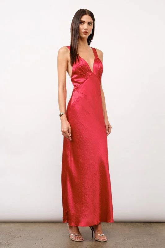 Sheath Women Dress with a Tailored Fit for a Professional LookGeorgia Sleeveless Cross Back Satin Maxi Dress Red