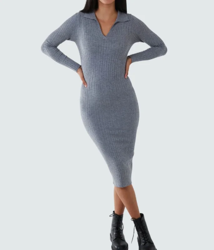 Ball Gown Women Dress with a Full Skirt for a Princess - like LookGrey Ribbed Collar Knitted Midi Dress