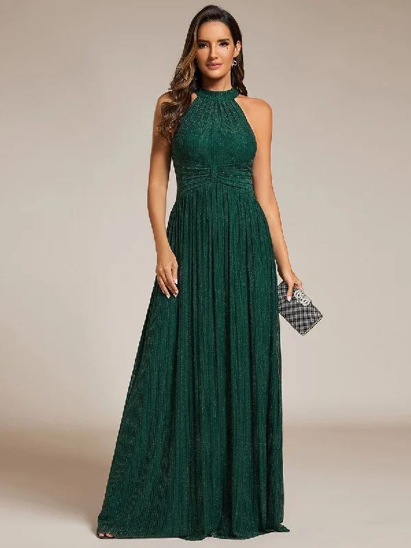 Ball Gown Women Dress with a Full Skirt for a Princess - like LookHalter Neck Pleated Glittery Formal Evening Dress with Empire Waist