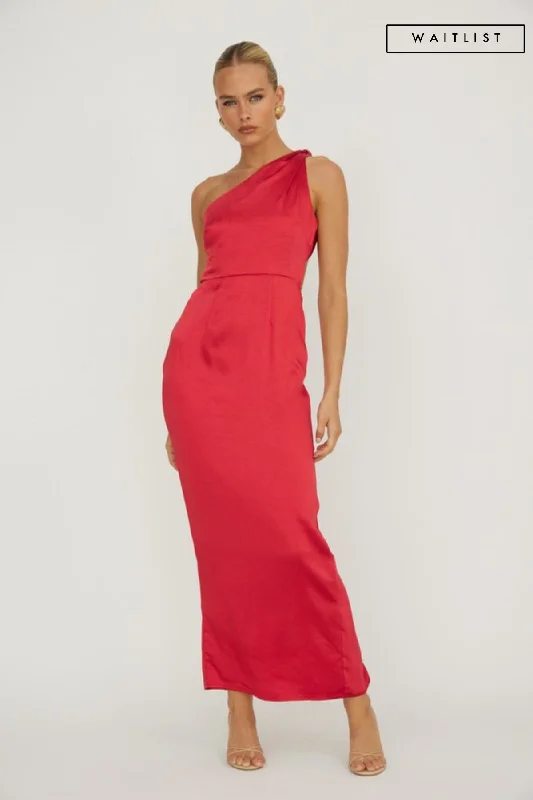 Strapless Women Dress with a Built - in Bra for Comfort and SupportWaitlist 12/9 ♥ Isadora Sleeveless One Shoulder Satin Maxi Dress Red