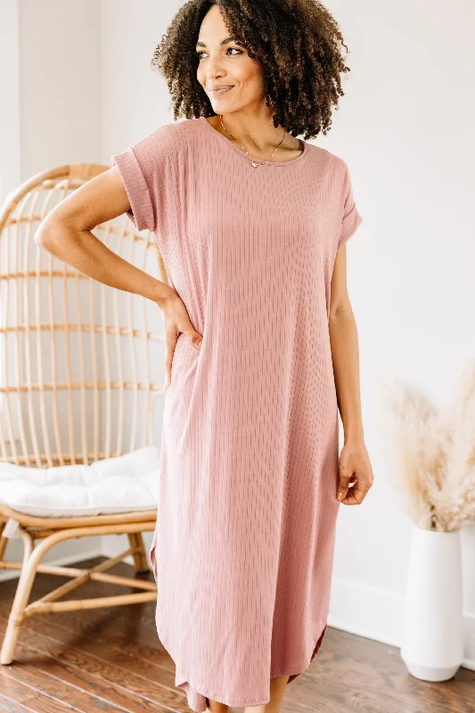 Sheath Women Dress with a Tailored Fit for a Professional LookIt's All Here Mauve Pink Ribbed Midi Dress