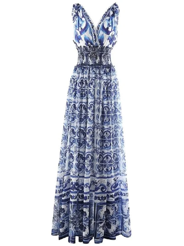 Wrap - Style Women Dress with Adjustable Fit for All Body TypesKim V Neck Print Maxi Gown Dress - Blue Print