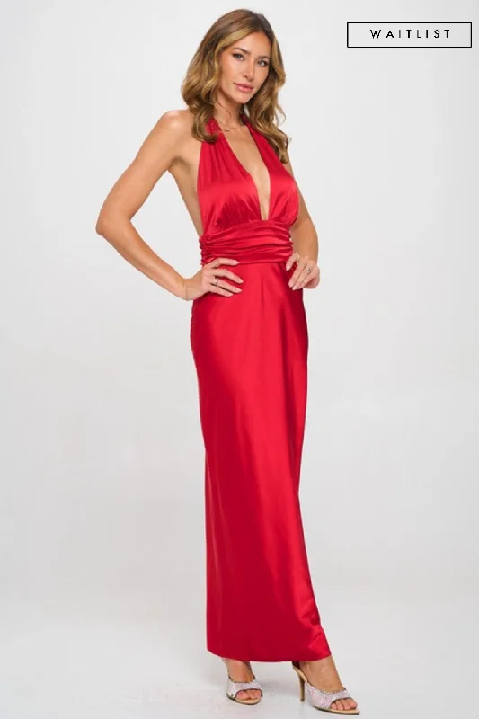 Plus Size Women Dress with a Flattering A - Line Cut for Comfort and StyleWaitlist 12/8 ♥ Kristi Sleeveless Deep Neck Halter Satin Maxi Dress Red