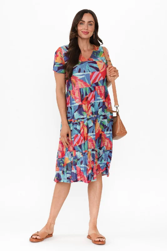 Printed Abstract Women Dress for a Modern and Artistic AppealLania Turquoise Garden Crinkle Cotton Dress