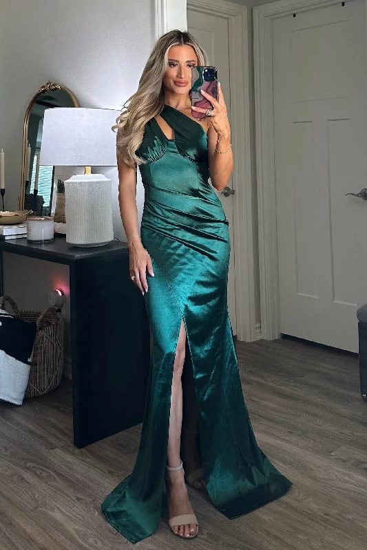 Pleated Women Dress with a Timeless and Elegant TextureLasting Lover Satin One Shoulder Maxi Dress: Emerald