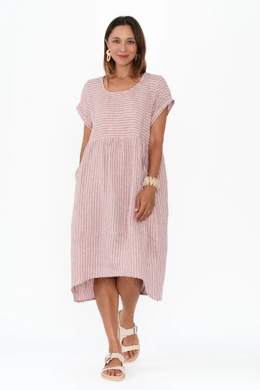 Printed Abstract Women Dress for a Modern and Artistic AppealLiana Beige Stripe Linen Dress