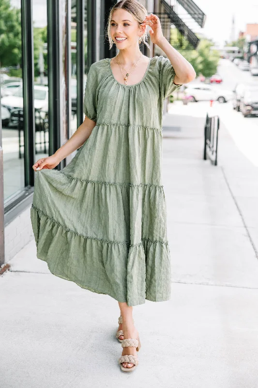 Pleated Women Dress with a Timeless and Elegant TextureListen To You Olive Green Tiered Midi Dress