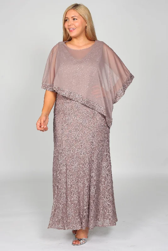 Plus Size Women Dress with a Flattering A - Line Cut for Comfort and StyleR&M Richards 2344 Long Mother Of The Bride Cape Lace Dress