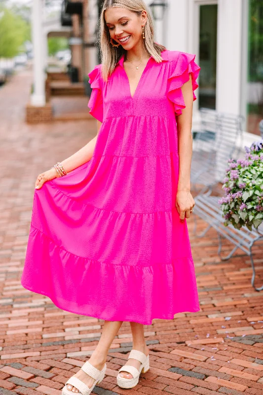 Halter Neck Women Dress to Show Off the Shoulders and NecklineLook You Up Fuchsia Pink Ruffled Midi Dress