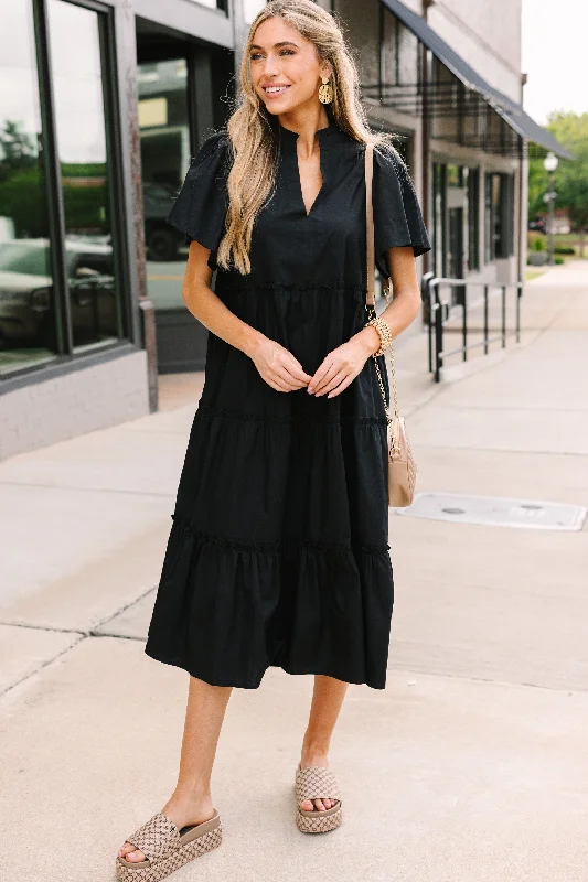 Little Black Women Dress with Sequins for a Glamorous Night OutSugarlips: Make A Statement Black Tiered Midi Dress