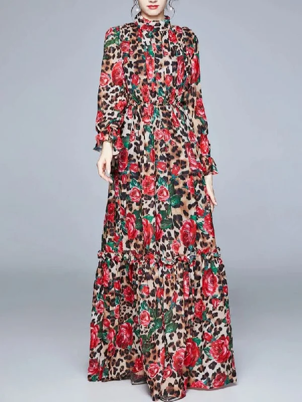 Halter Neck Women Dress to Show Off the Shoulders and NecklineMolly Long Sleeve Floral Gown Dress - Red Print