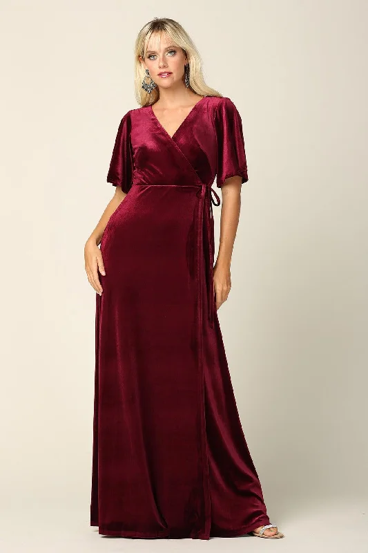 Wrap - Style Women Dress with Adjustable Fit for All Body TypesMother of the Bride Long Flutter Sleeve Velvet Gown