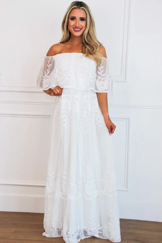 Mermaid - Style Women Dress with a Fitted Silhouette for Special OccasionsPia Lace Off Shoulder Maxi Dress: White