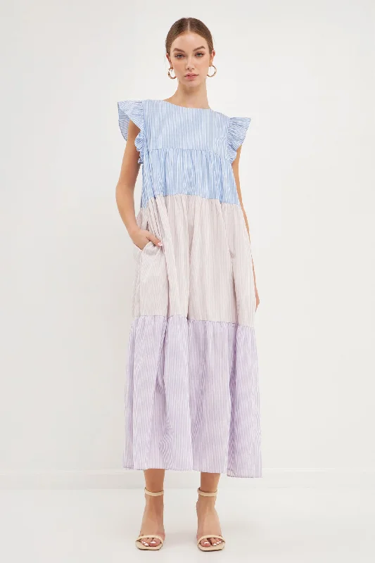 Pleated Women Dress with a Timeless and Elegant TexturePinstriped Blocked Ruffled Maxi Dress