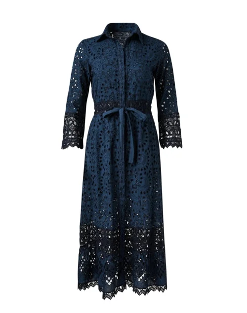 Mermaid - Style Women Dress with a Fitted Silhouette for Special OccasionsPitti Navy Cotton Eyelet Dress