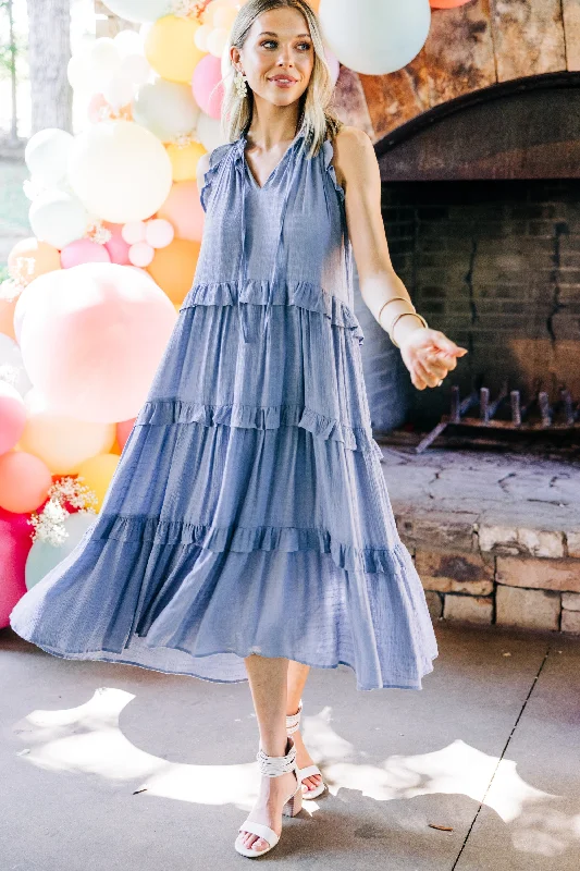 Shift Women Dress with a Simple and Classic Design for Everyday WearPursue Perfection Chambray Blue Ruffled Midi Dress