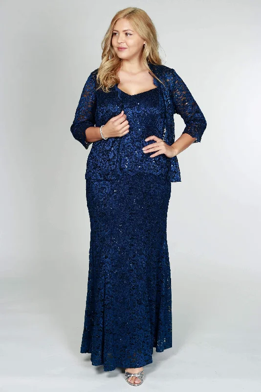 Little Black Women Dress with Sequins for a Glamorous Night OutR&M Richards 5385 Formal Jacket Lace Long Dress Navy