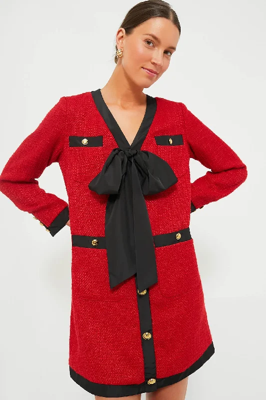 Off - the - Shoulder Women Dress for a Romantic and Feminine LookRed Coco Tweed Bow Dress