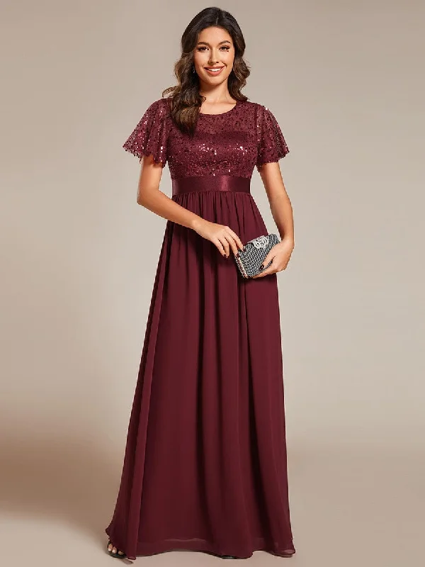 Shift Women Dress with a Simple and Classic Design for Everyday WearRound-Neck Sequin High Waist Short-Sleeved Formal Evening Dress