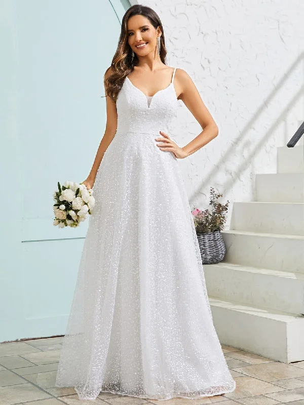 Sleeveless Women Dress in Bright Colors for Summer PartiesSleeveless V-Neck Paillette Tulle Backless A-Line Wedding Dress