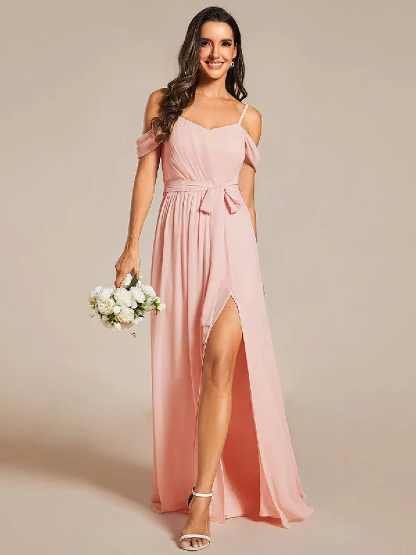 Plus Size Women Dress with a Flattering A - Line Cut for Comfort and StyleSweetheart Neckline Cold Shoulder Chiffon Bridesmaid Dress