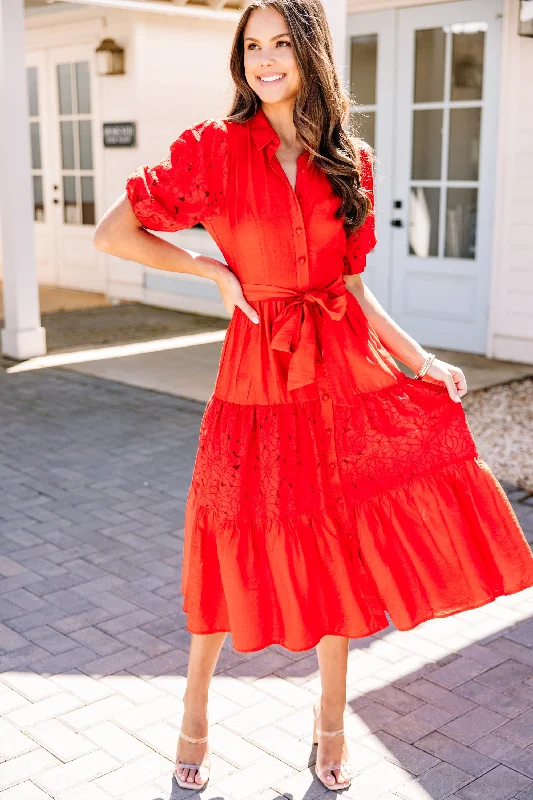 Pleated Women Dress with a Timeless and Elegant TextureThe Little Things Red Eyelet Midi Dress